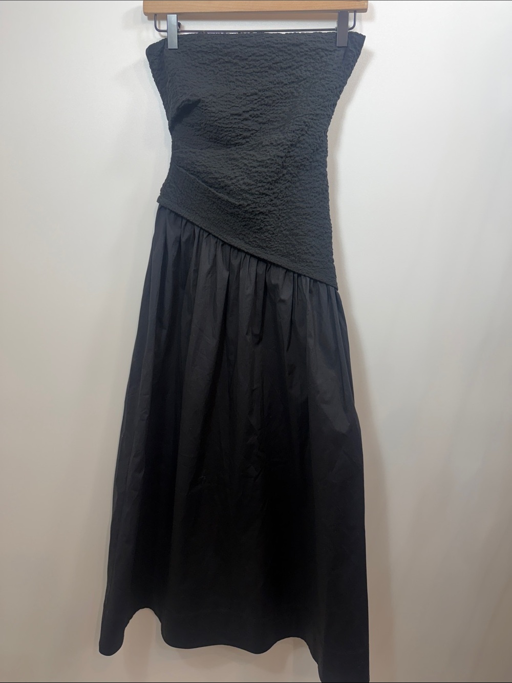 STAUD Nia cotton midi dress in black strapless size XS